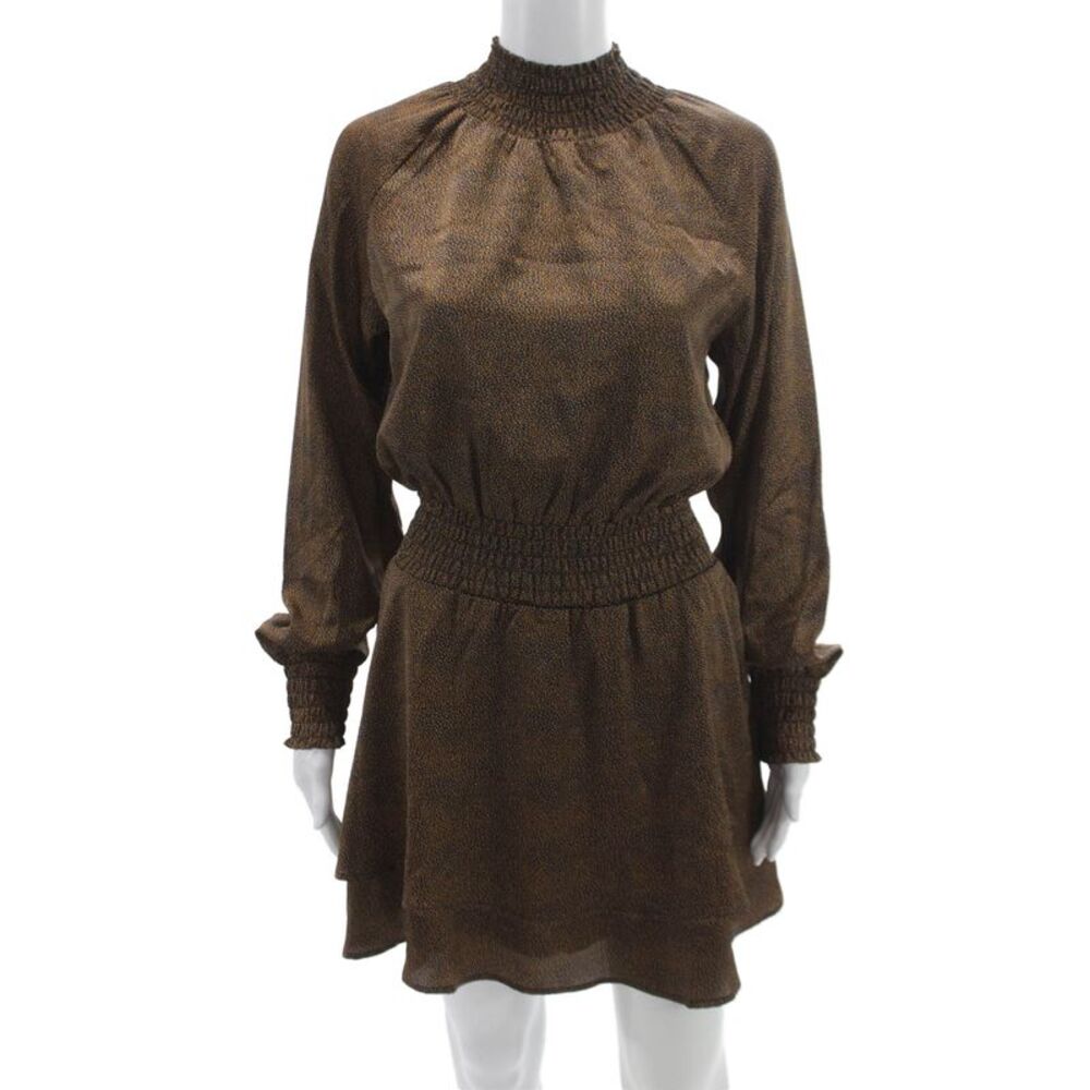 Allison Women Blouson Polka Dot Brown Long Sleeve High Neck Dress Size XS
